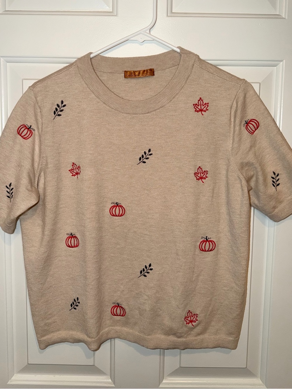 Belldini Beige Knit Top with Red Pumpkin & Leaf Embroidery